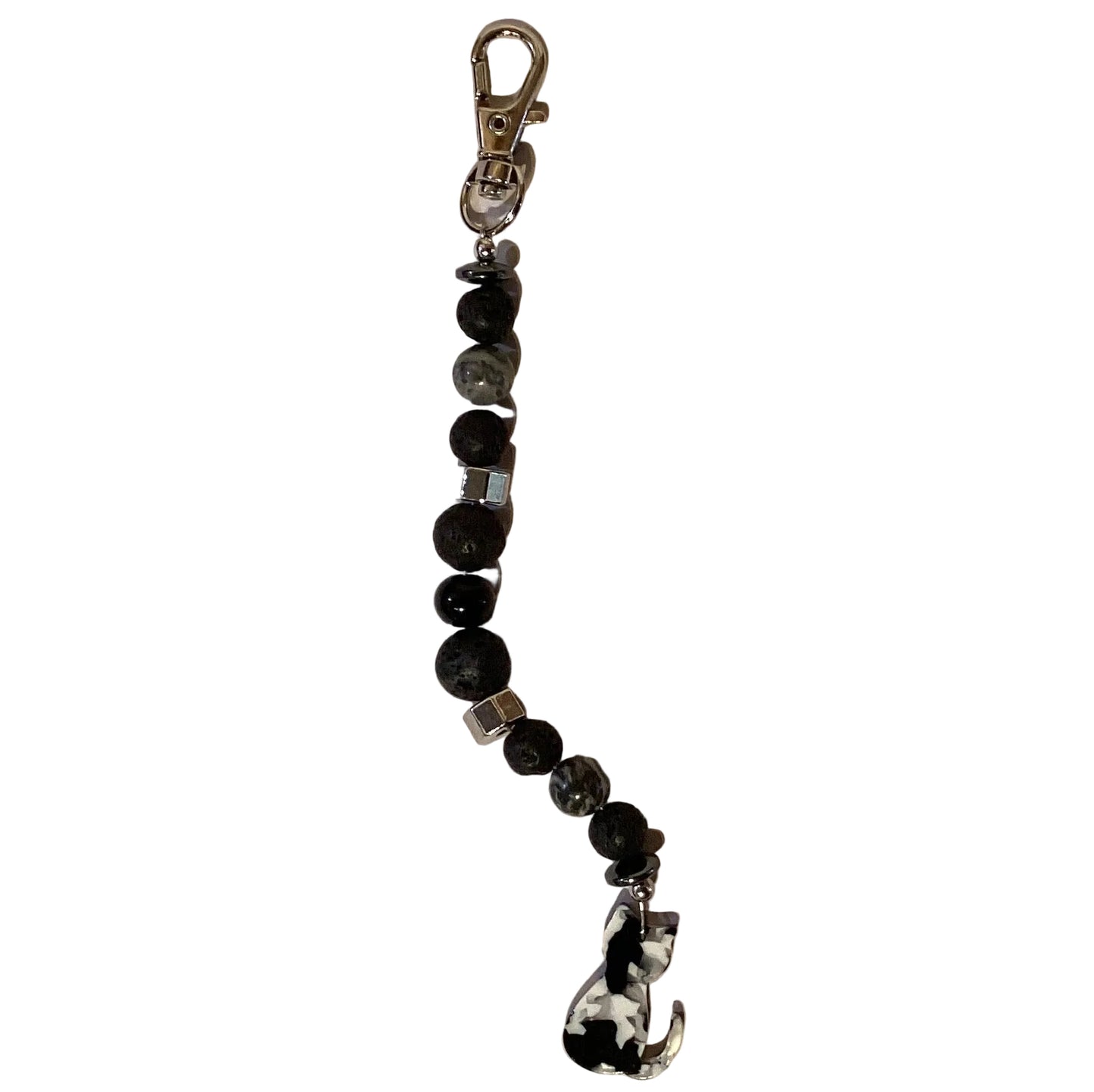 Handmade beaded keychain with glass gemstones and lava rock beads, 6 inches long, from Ysleta Mission Gift Shop.