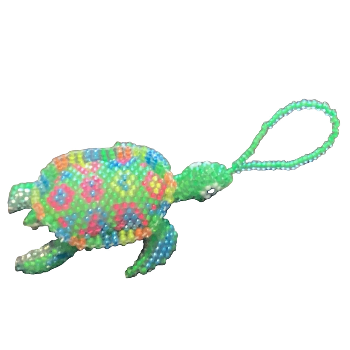 Handmade Mexican beaded turtle ornament by Jose Alberto Chavez, featuring intricate seed bead design, suitable as a bag accessory.