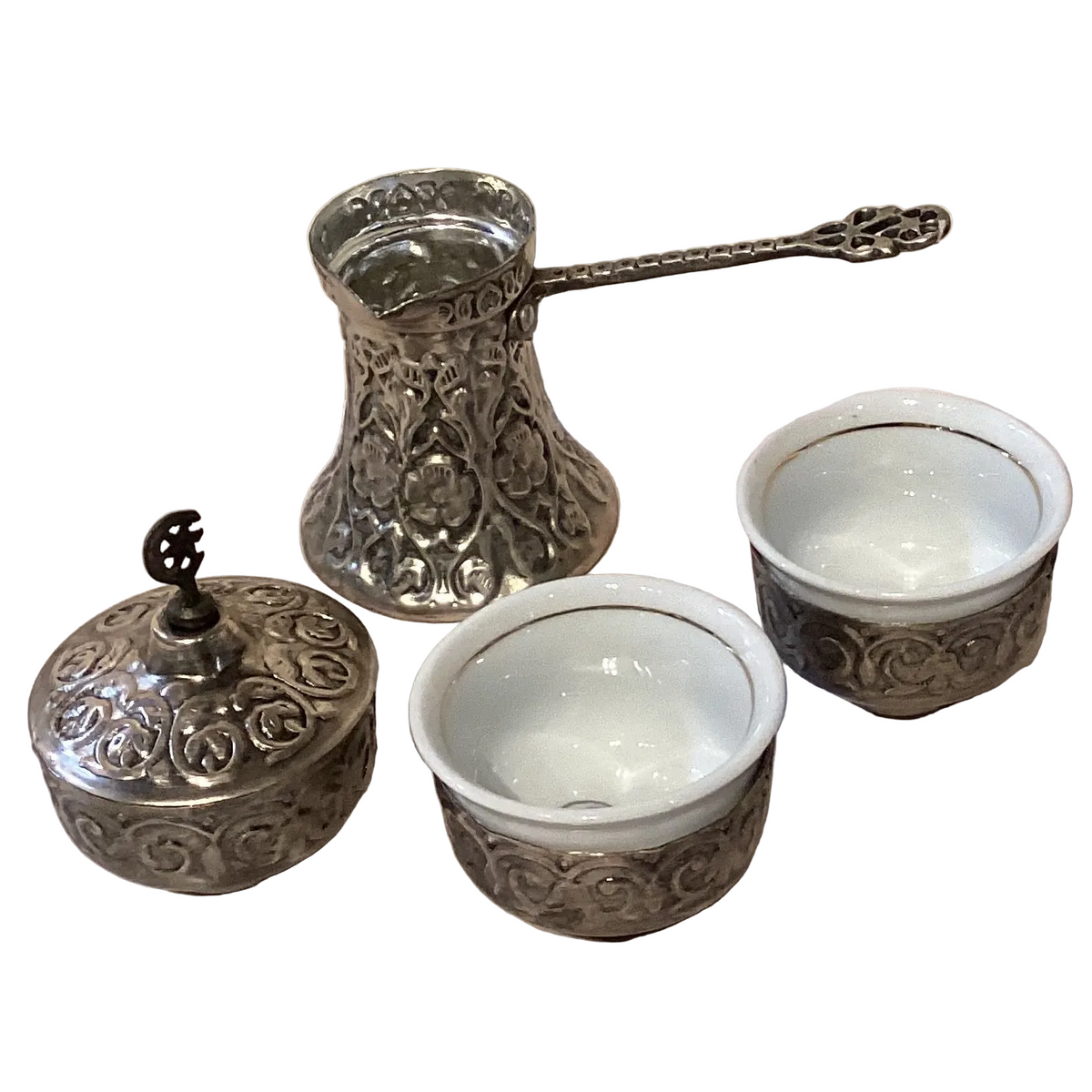 Turkish Ottoman-style Sarajevo coffee set with intricately decorated cups and a matching tray, designed for traditional home and garden use.
