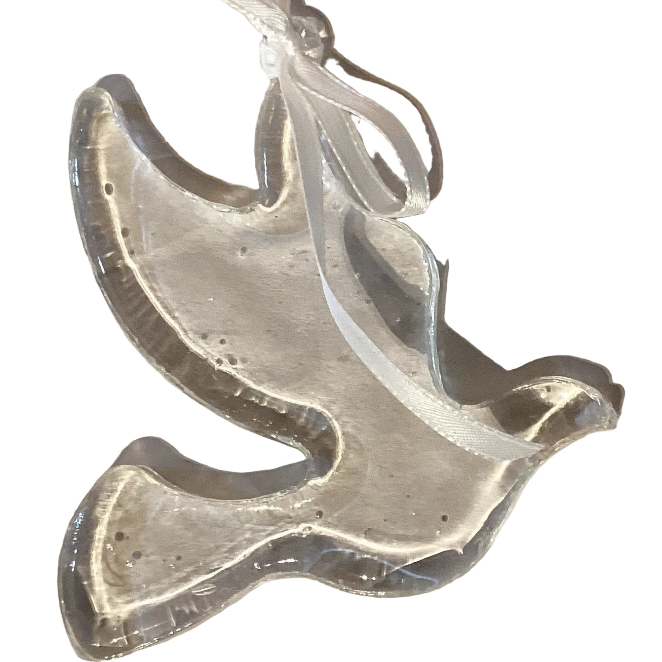 Clear Dove 4-inch glass ornament from Ysleta Mission Gift Shop, featuring a detailed dove design in transparent glass.