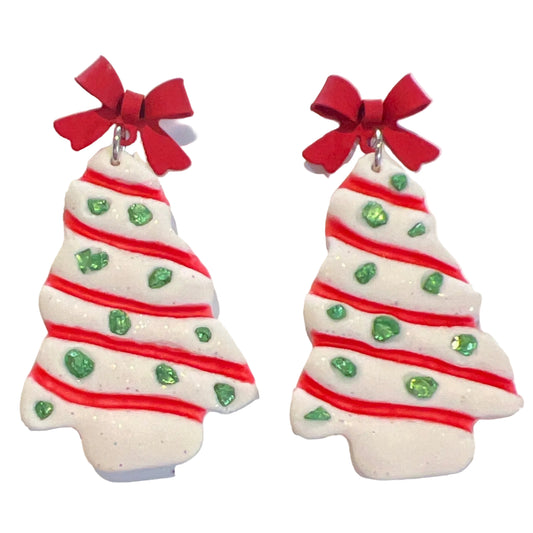 Handcrafted Clay Christmas Tree Cake Dangle Earrings-Silver bow hooks, 1 in W x 2 in L