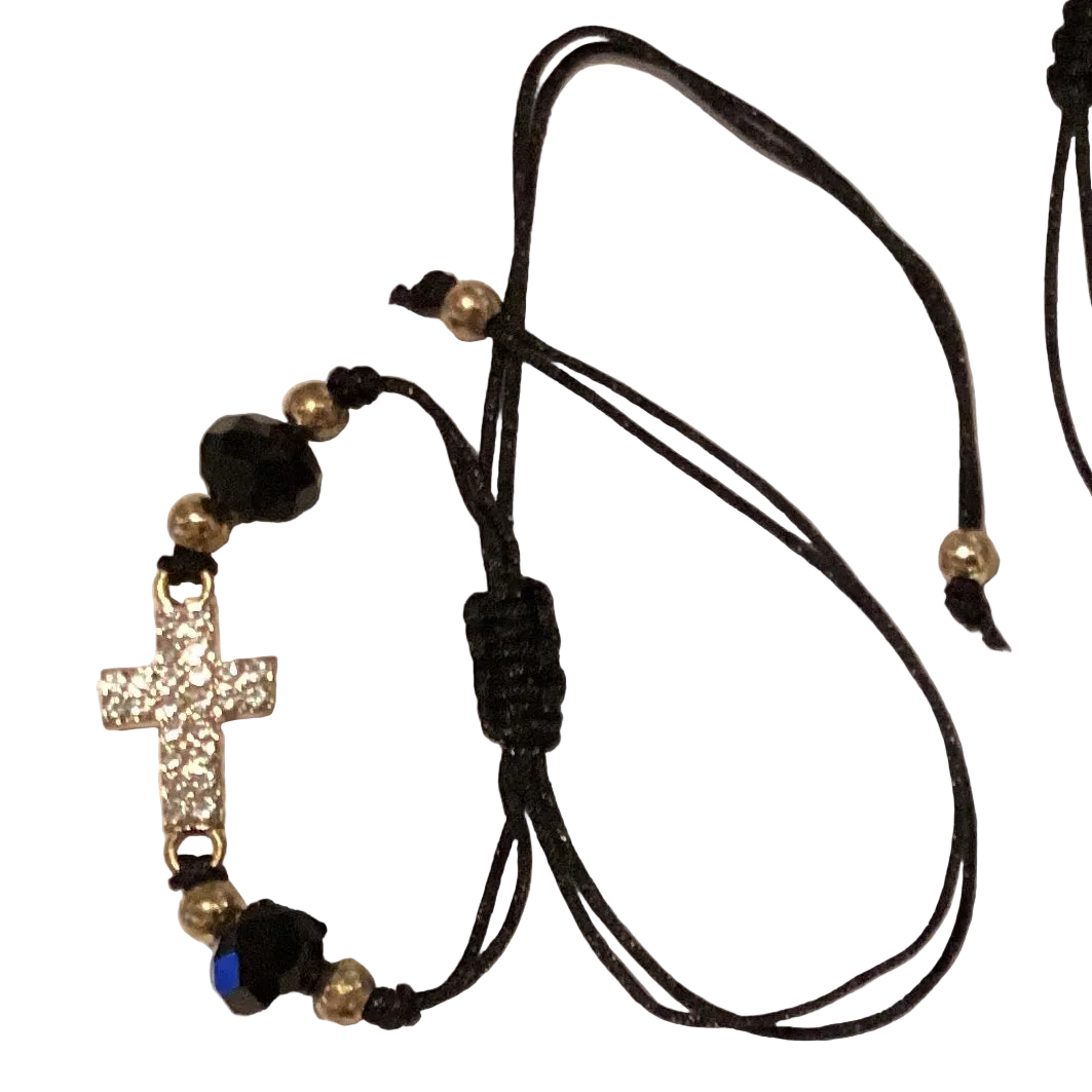 Adjustable black nylon cross charm bracelet with black beads, Catholic Christian jewelry from Ysleta Mission Gift Shop.
