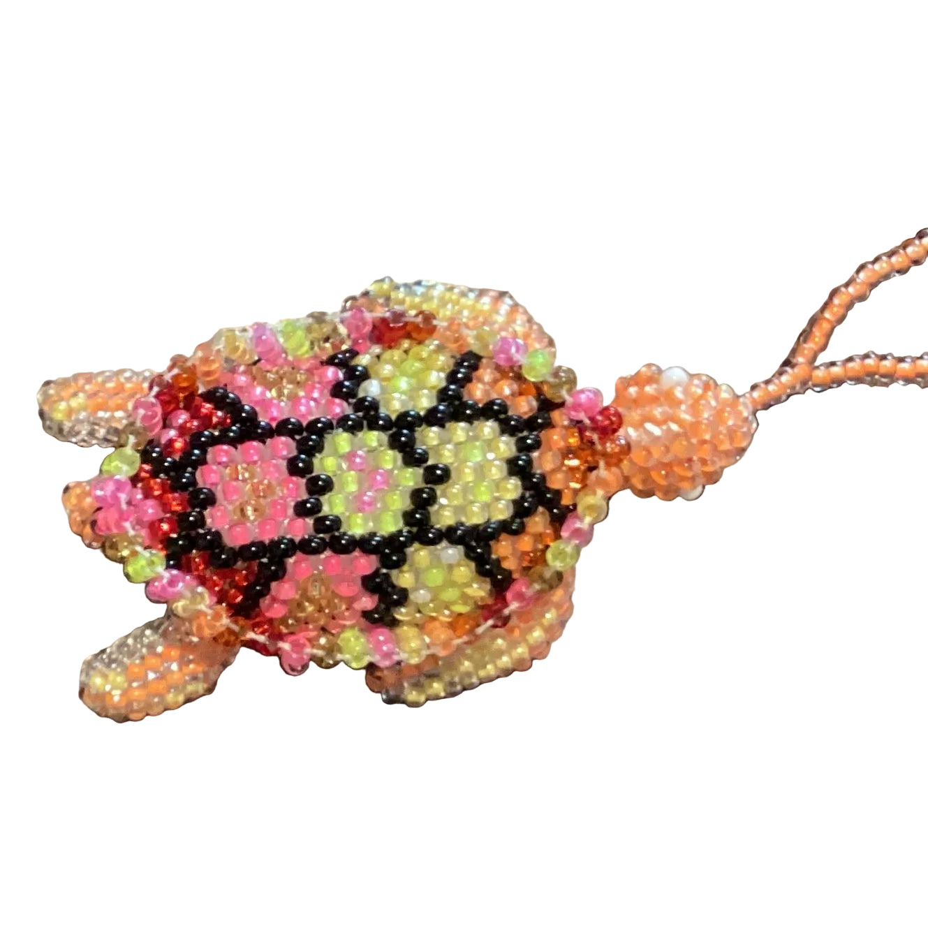 Handmade Mexican beaded turtle ornament with intricate seed bead design, perfect as a bag accessory by Jose Alberto Chavez