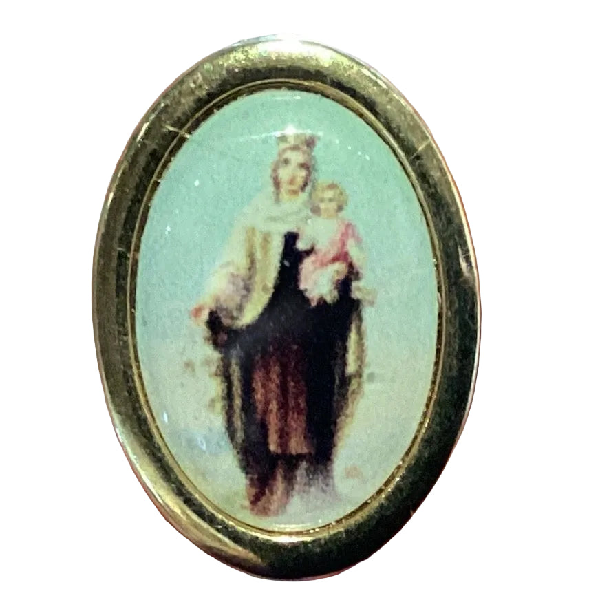 Goldtone Our Lady of Mount Carmel lapel pin, 1-inch religious jewelry brooch with intricate design and Catholic symbolism.