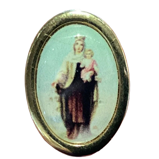 Goldtone Our Lady of Mount Carmel lapel pin, 1-inch religious jewelry brooch with intricate design and Catholic symbolism.
