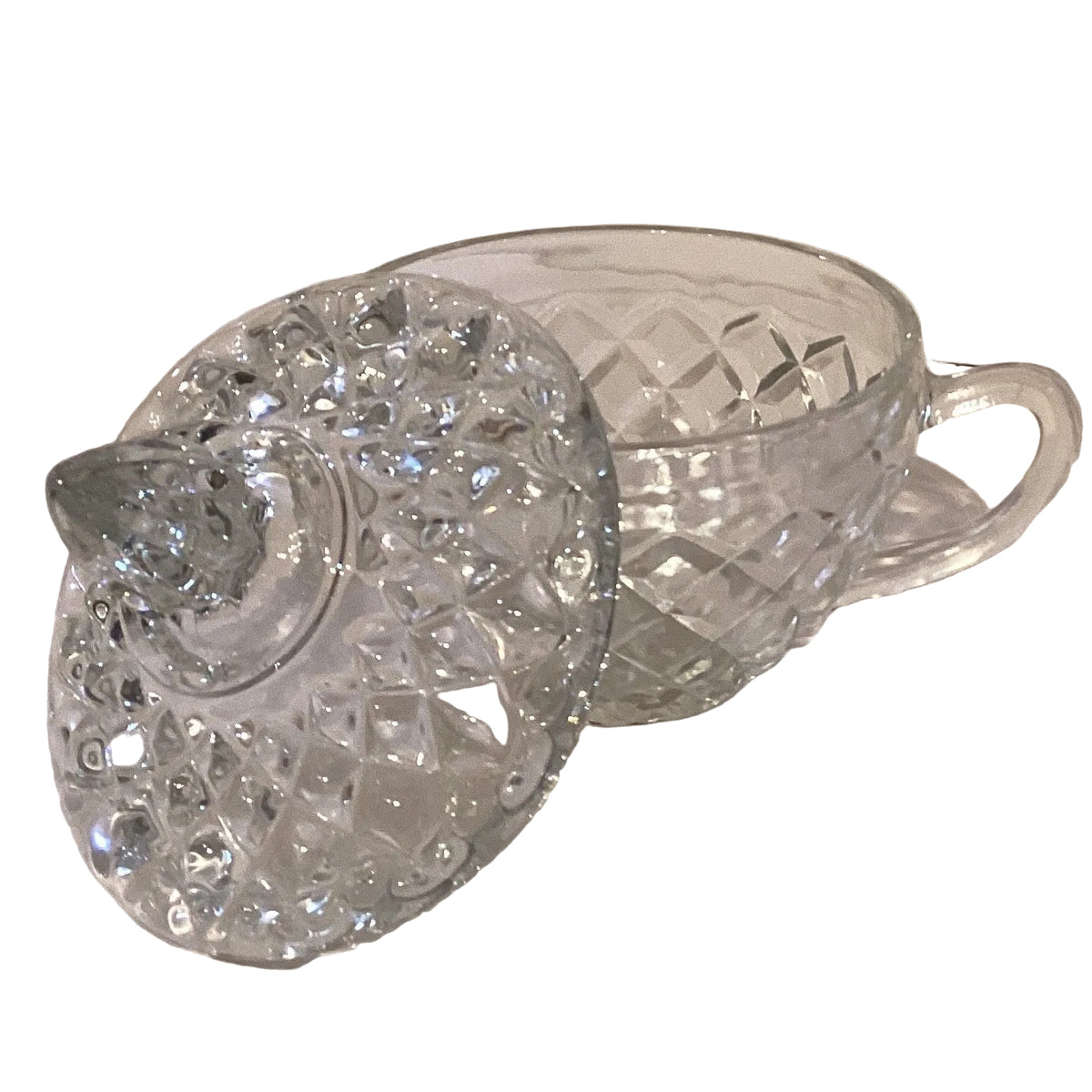 Clear glass mug with lid, 3-inch size, from Ysleta Mission Gift Shop, perfect for hot or cold beverages in home and garden settings.