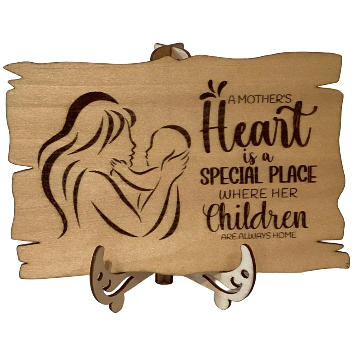 Wood burned mother appreciation plaque with easel, featuring heartfelt design, 4-inch size from Ysleta Mission Gift Shop.