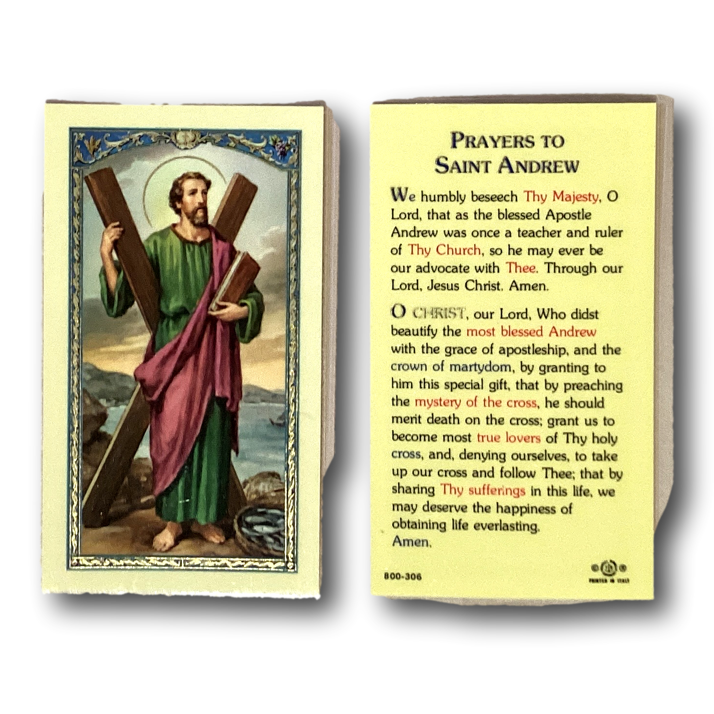 Prayer card featuring Saint Andrew from Ysleta Mission Gift Shop, with religious imagery and prayer text on a folded card.