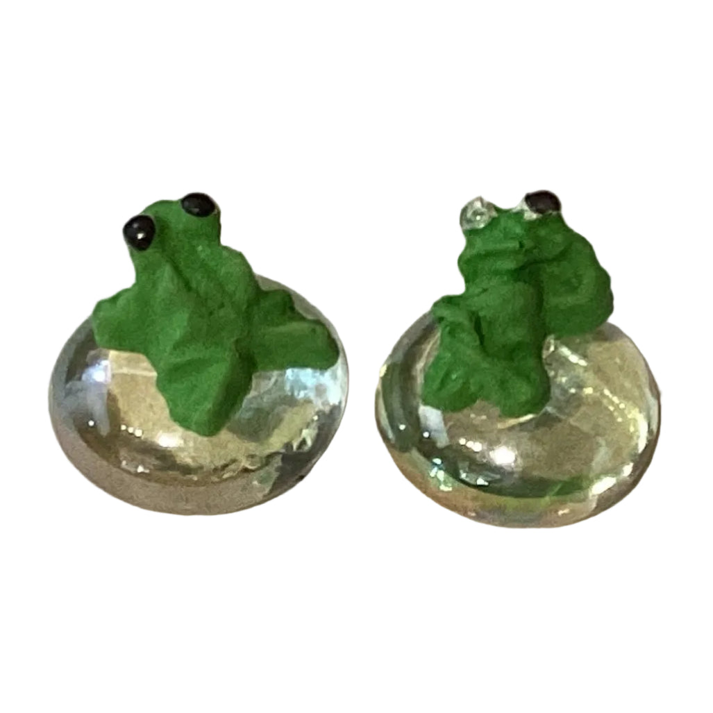 Handmade green ceramic frog figurine from Ysleta Mission Gift Shop, 0.75 inches tall, for home and garden decor.