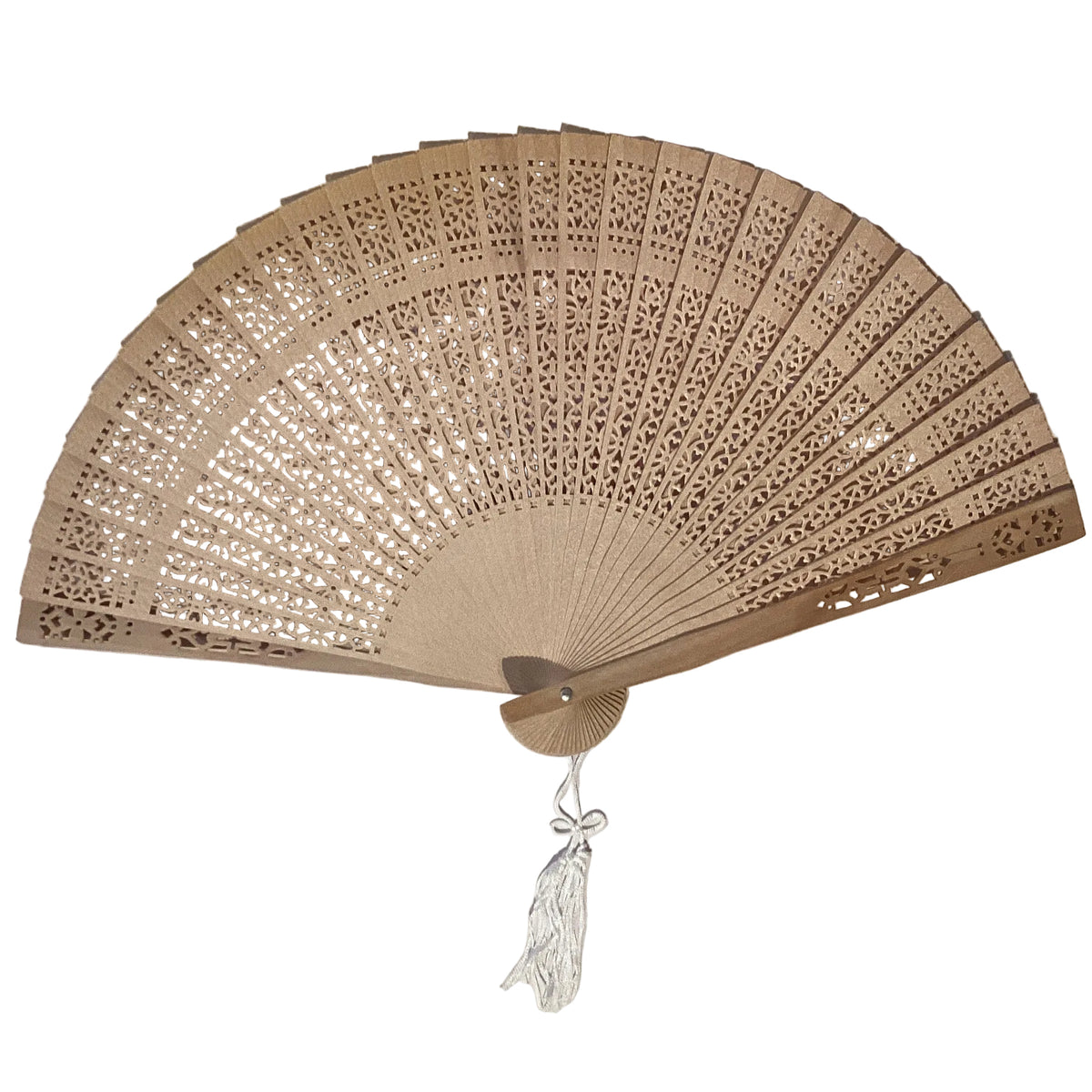 Decorative 8-inch wooden folding fan with intricate design, from Ysleta Mission Gift Shop, showcasing detailed craftsmanship.