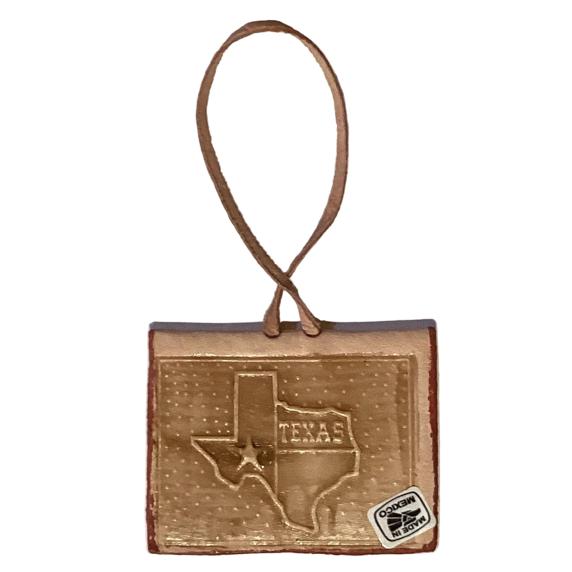Western leather keychain with Southwestern style design, 4 inches long, featuring handcrafted details from Ysleta Mission Gift Shop.