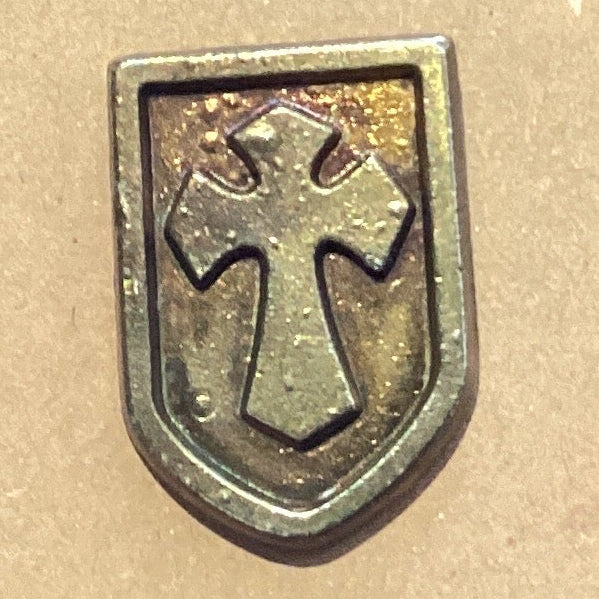 Ysleta Mission Gift Shop Cross 1-inch brooch featuring intricate silver design and religious symbolism on a neutral background.
