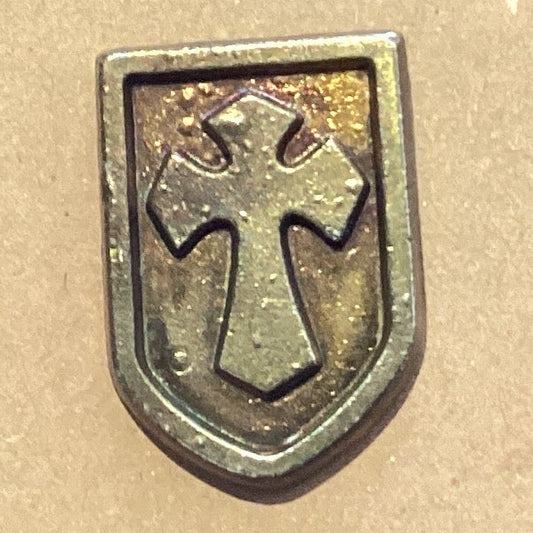 Ysleta Mission Gift Shop Cross 1-inch brooch featuring intricate silver design and religious symbolism on a neutral background.