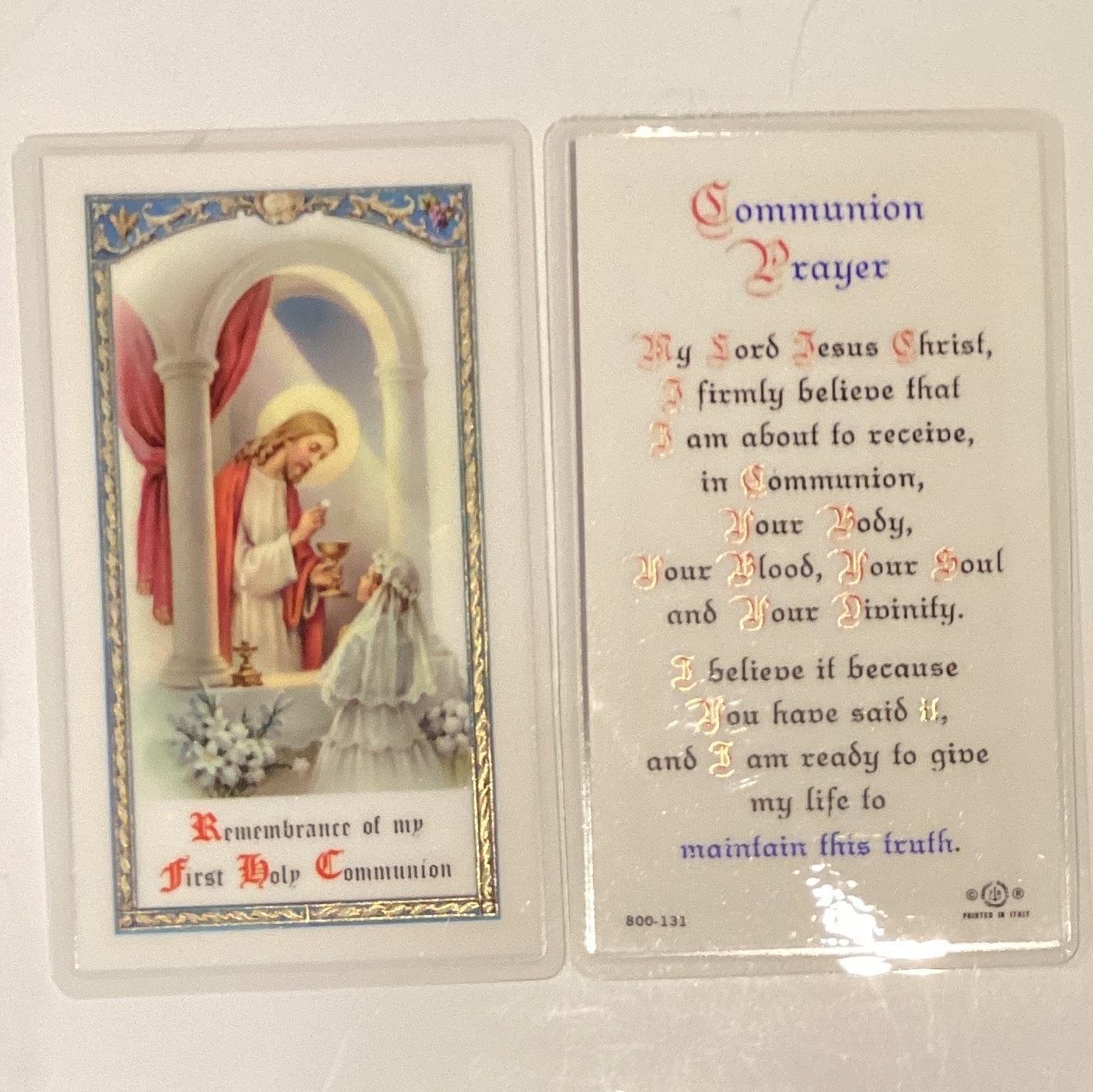 “Remembrance of My First Holy Communion” Communion Prayer Card Laminated