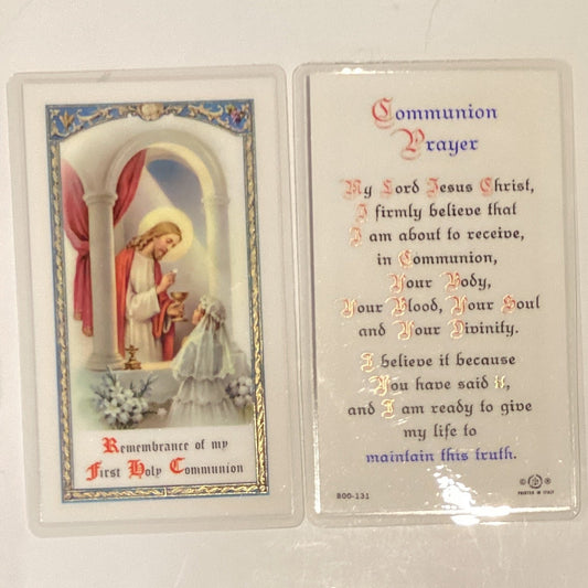 Laminated Holy Communion prayer card featuring religious imagery and prayer text from Ysleta Mission Gift Shop.