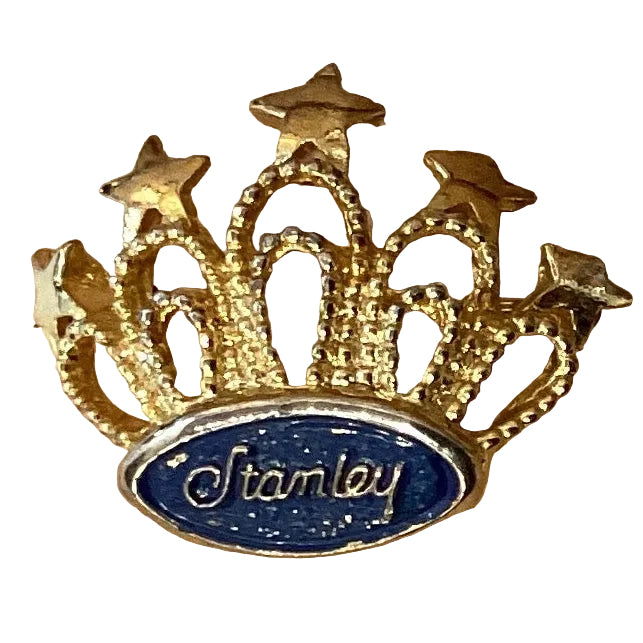 Goldtone Stanley Crown 1.5-inch Catholic Christian brooch with intricate crown design, suitable for religious jewelry or gifts.