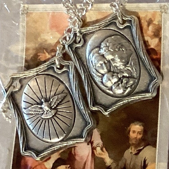Silver metal Holy Family and Holy Spirit scapular with prayer card, Catholic Christian gift made in Italy, 1 inch size.