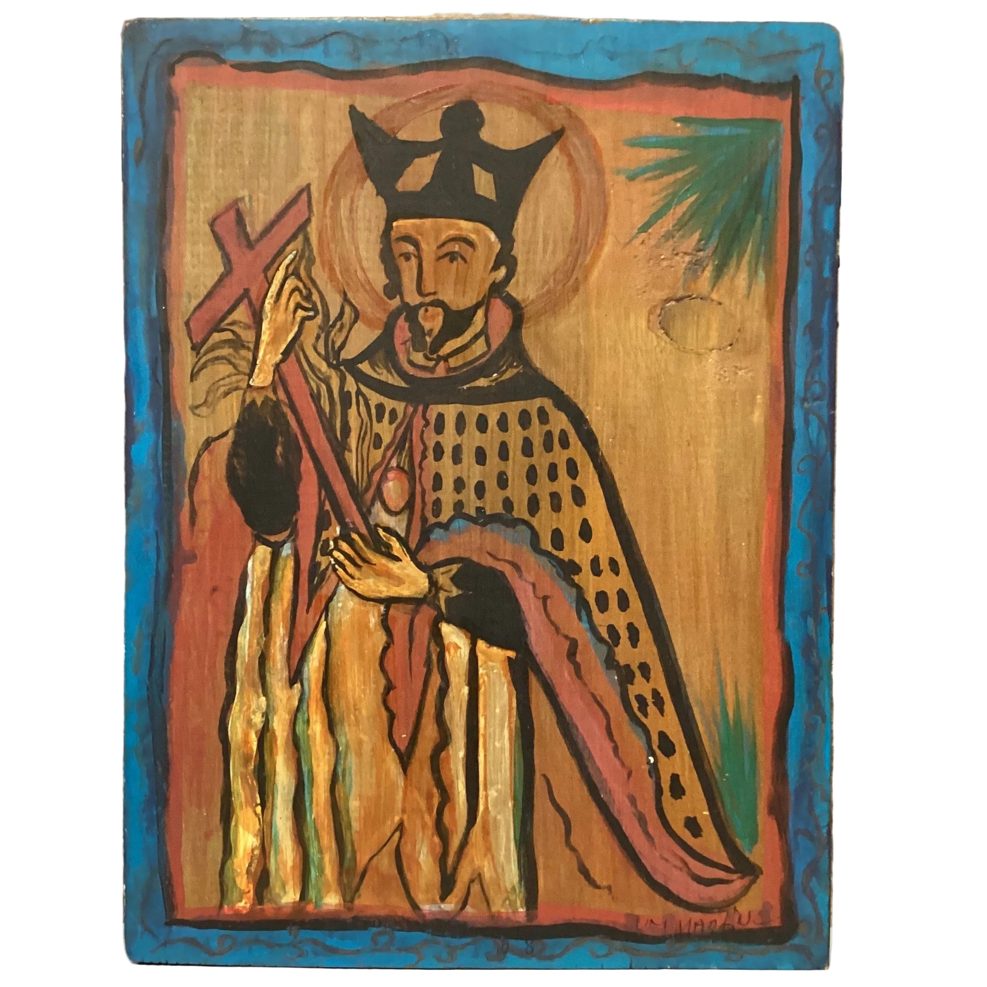 San Juan Nepomuceno retablo wall decor in 12x9 inches, featuring detailed religious artwork on a wooden panel.