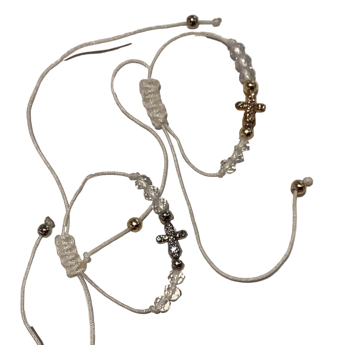 White thread cross beaded bracelet set with Catholic Christian jewelry design, featuring small beads and religious cross accents.