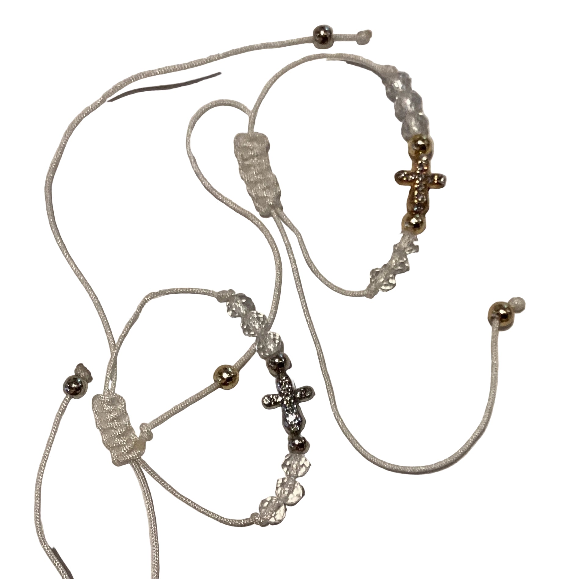 White thread cross beaded bracelet set with Catholic Christian jewelry design, featuring small beads and religious cross accents.