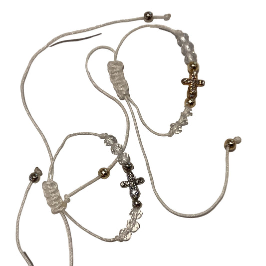 White thread cross beaded bracelet set with Catholic Christian jewelry design, featuring small beads and religious cross accents.