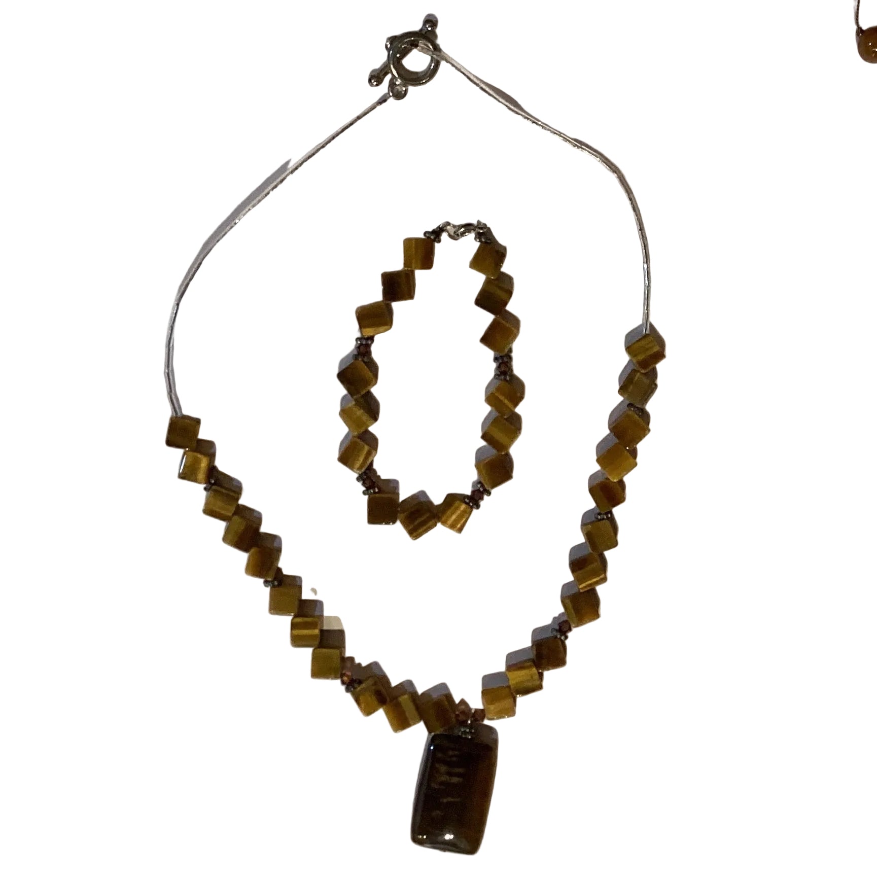 Tiger Eye geometric jewelry set with 18-inch necklace and matching bracelet featuring natural tiger eye stones.
