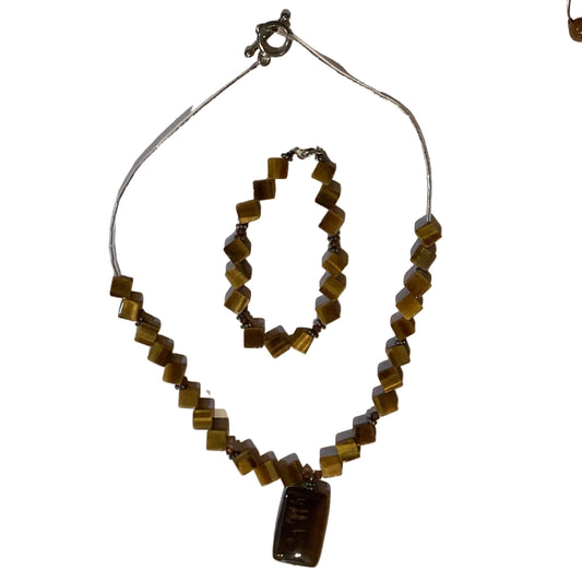 Tiger Eye geometric jewelry set with 18-inch necklace and matching bracelet featuring natural tiger eye stones.