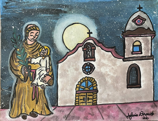 Watercolor art print of Saint Anthony at Ysleta Mission by Sylvia Leroux, 8.5x11 inches, framed original artwork.