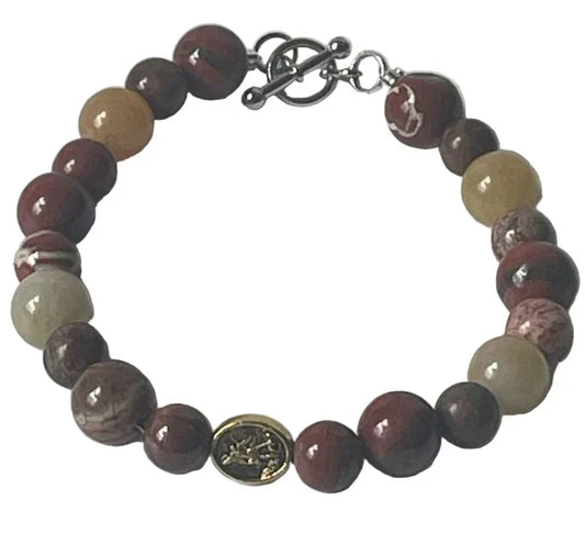 8-inch men's Jasper and Tourmaline bead bracelet featuring Saint Michael charm by Sylvia Leroux.
