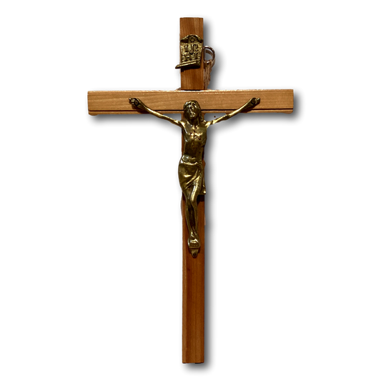 Wood crucifix, 8-inch Catholic Christian cross with detailed carved design, ideal for religious decor and prayer spaces.
