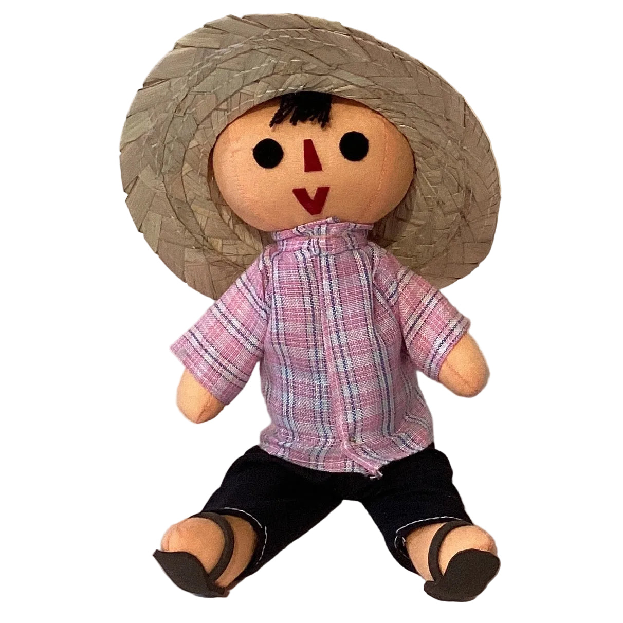 Handcrafted traditional Mexican Pedro Boy doll by Jose Alberto Chavez, featuring colorful rag doll clothing and posable arms.