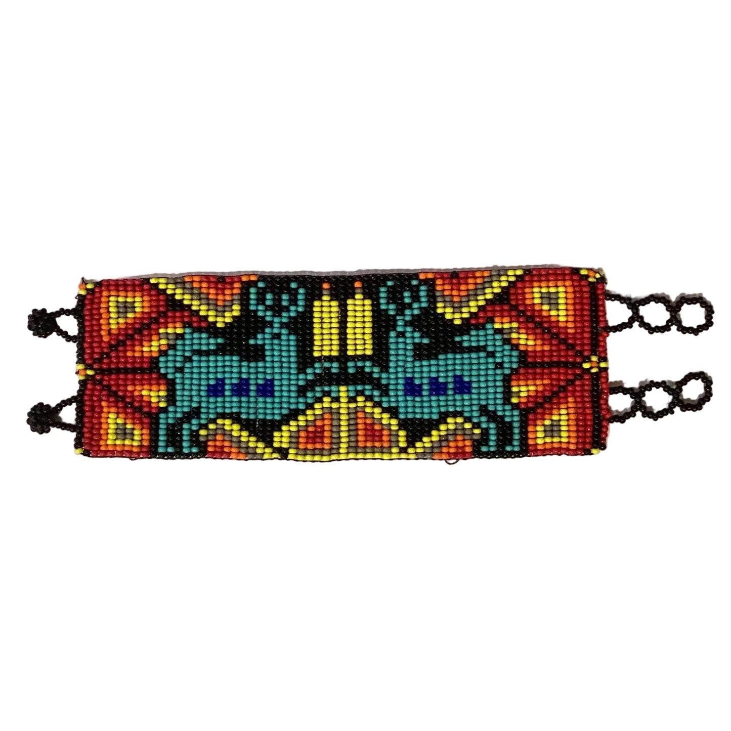 Handmade Mexican beaded wide bracelet by Jose Alberto Chavez featuring colorful intricate beadwork and vibrant traditional design.
