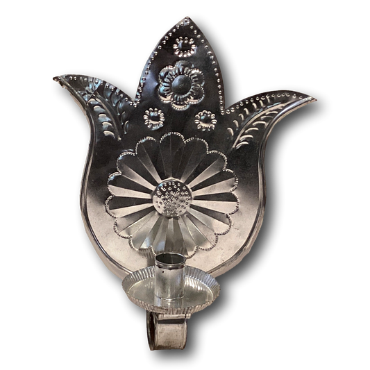 Decorative tin Repujado taper candle holder wall decor with intricate patterns, ideal for home and garden interior accents.