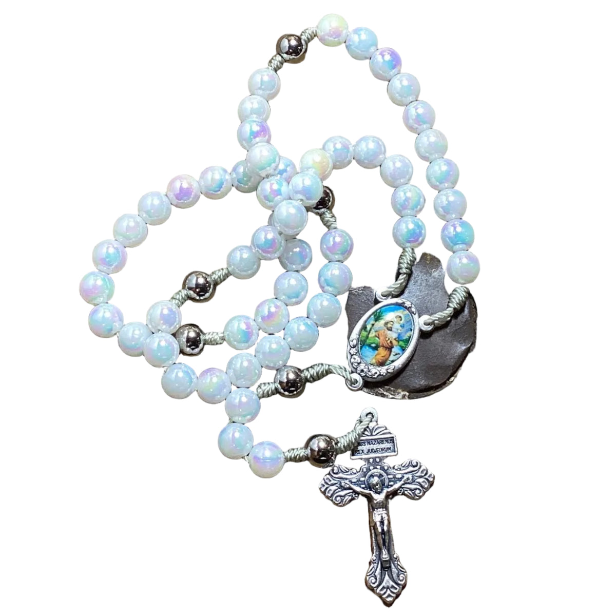 Iridescent chrome bead Catholic rosary with five-decade design and Saint Christopher medal, featuring luminous beads and a detailed crucifix.