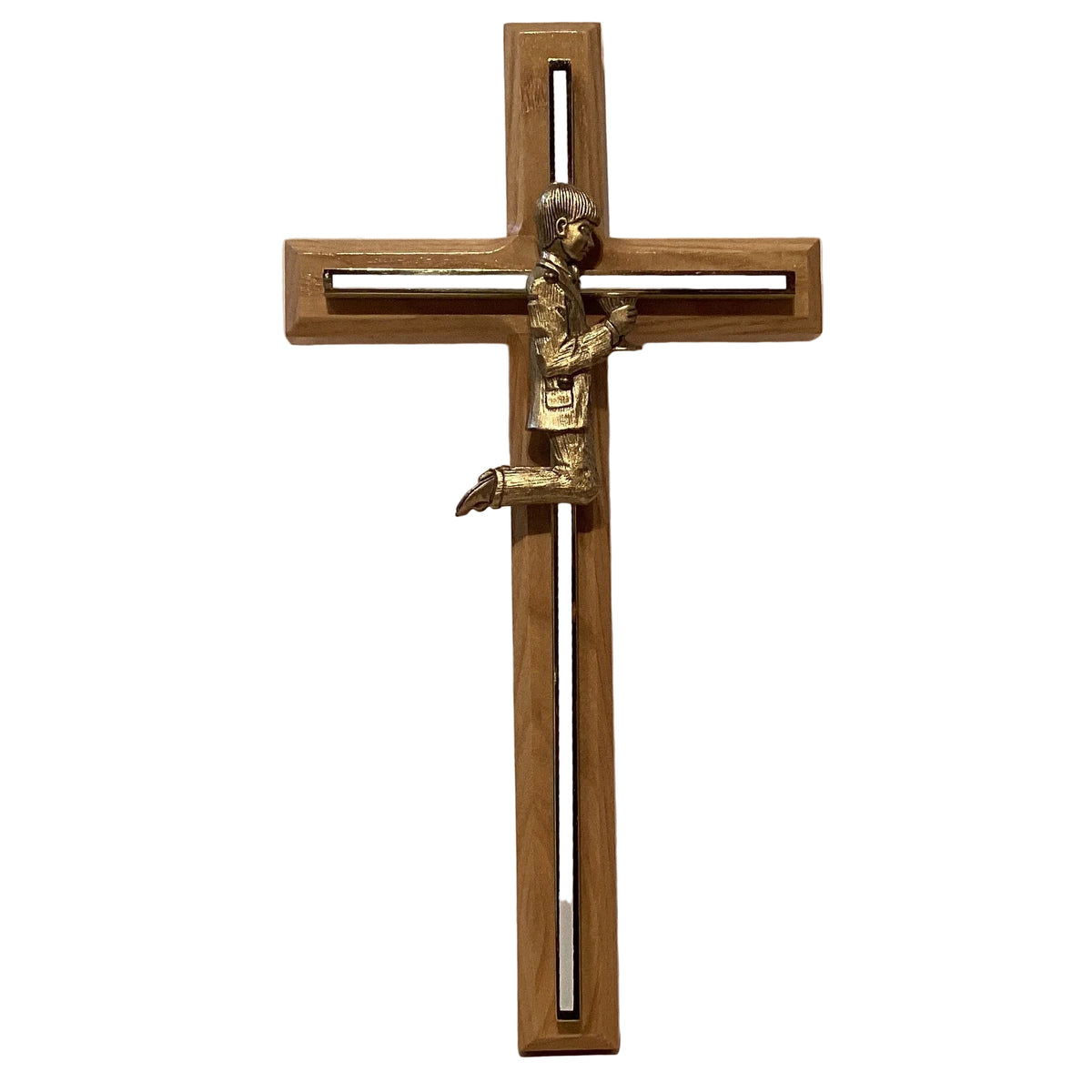 Brass cross on wooden base for boy's First Communion, Catholic gift, 8-inch Christian crucifix with detailed design.