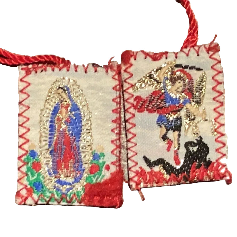 Virgin of Guadalupe and Archangel Michael red 1-inch scapular, religious jewelry with detailed imagery from Ysleta Mission Gift Shop.