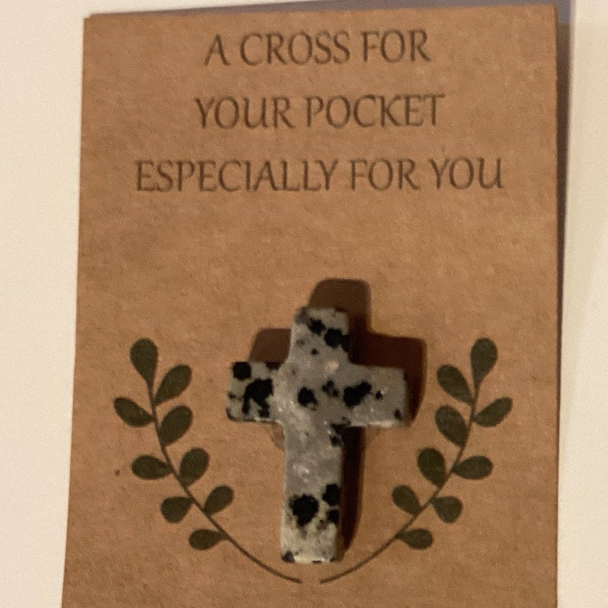 Semi precious stone cross in pocket, Catholic Christian gift, 1-inch Ysleta Mission design with colorful stone details.