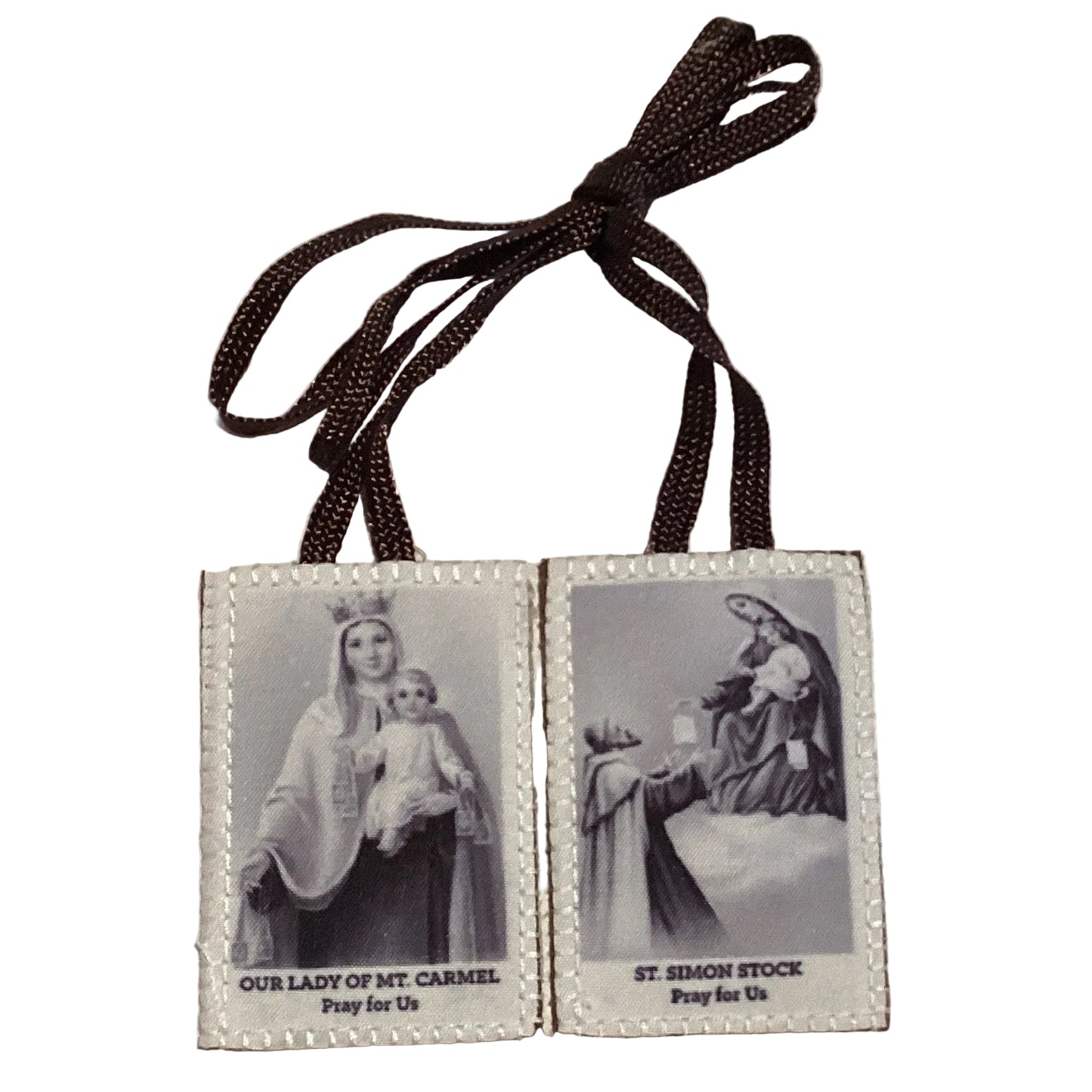 Brown 2.5x1.5 Our Lady of Mount Carmel and Saint Simon Stock scapular with religious imagery, from Ysleta Mission Gift Shop.