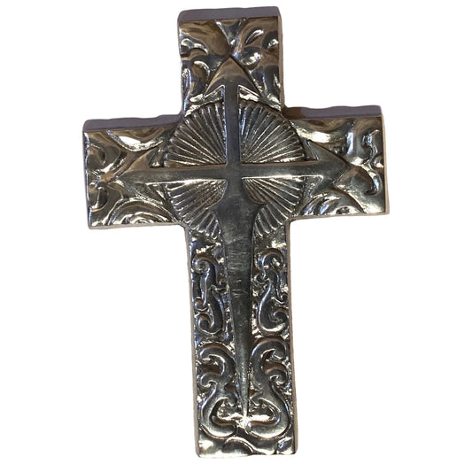 9-inch pewter Christian cross for tabletop or wall decor, Catholic and Catholicism-themed crucifix from Ysleta Mission Gift Shop.