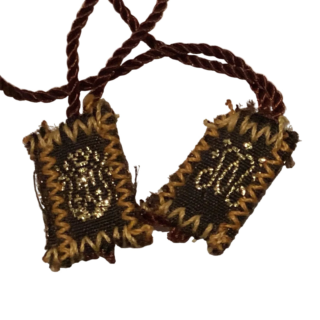 Brown Mount Carmel vintage scapular with gold stitching, Catholic Christian gift, featuring detailed fabric and religious symbols.