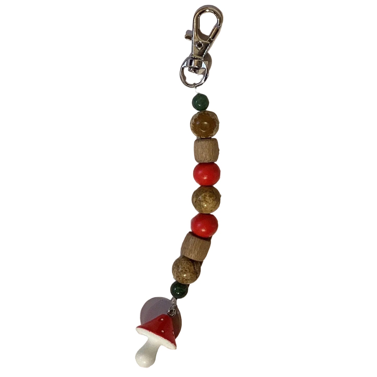 Handmade beaded keychain featuring glass gemstones and lava rock beads, 6 inches long, by Ysleta Mission Gift Shop.