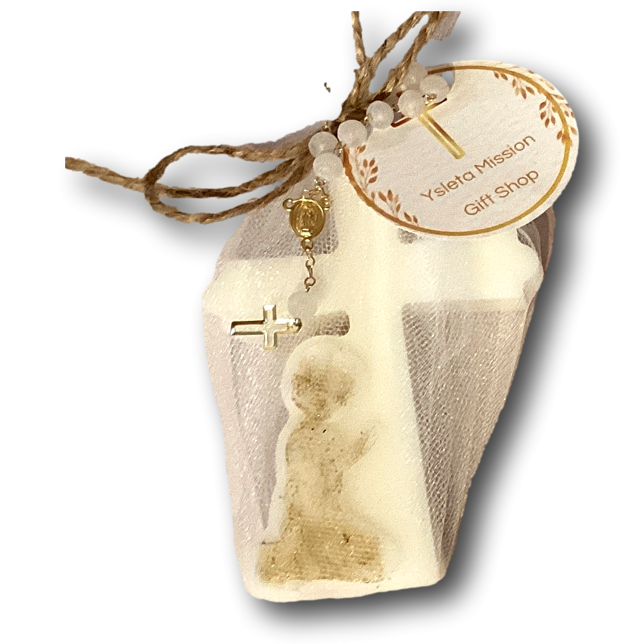 Handcrafted rose-scented Catholic devotional candle with religious imagery and a rosary, ideal for Christian prayer and gift-giving.