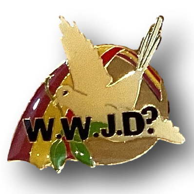 Enamel pin featuring “What Would Jesus Do?” message with a dove design, Catholic Christian jewelry by Ysleta Mission Gift Shop.