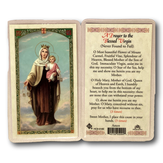 Laminated Catholic prayer card featuring a prayer to the Blessed Virgin Mary with religious artwork and prayer text.
