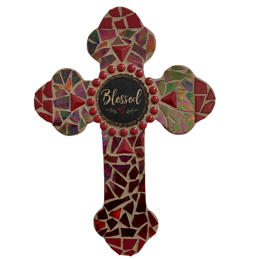 Cross Mosaic Wood Cross W/Inlaid Glass W/ Blessed Deco 14”X10&1/2”