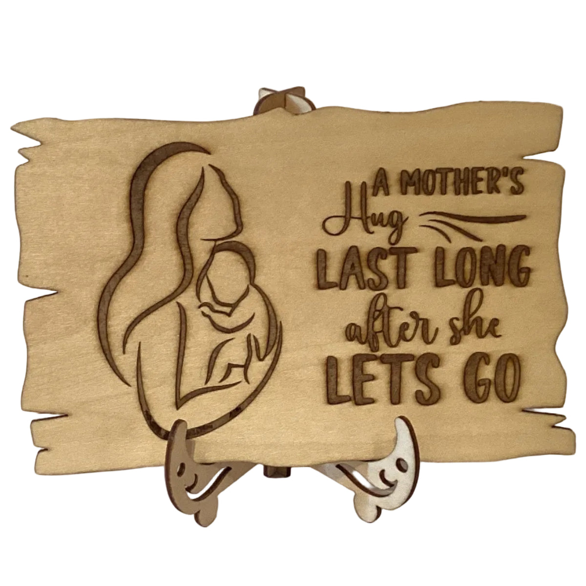 Wood burned 4-inch Mother Appreciation plaque with easel from Ysleta Mission Gift Shop, featuring detailed handcrafted design.