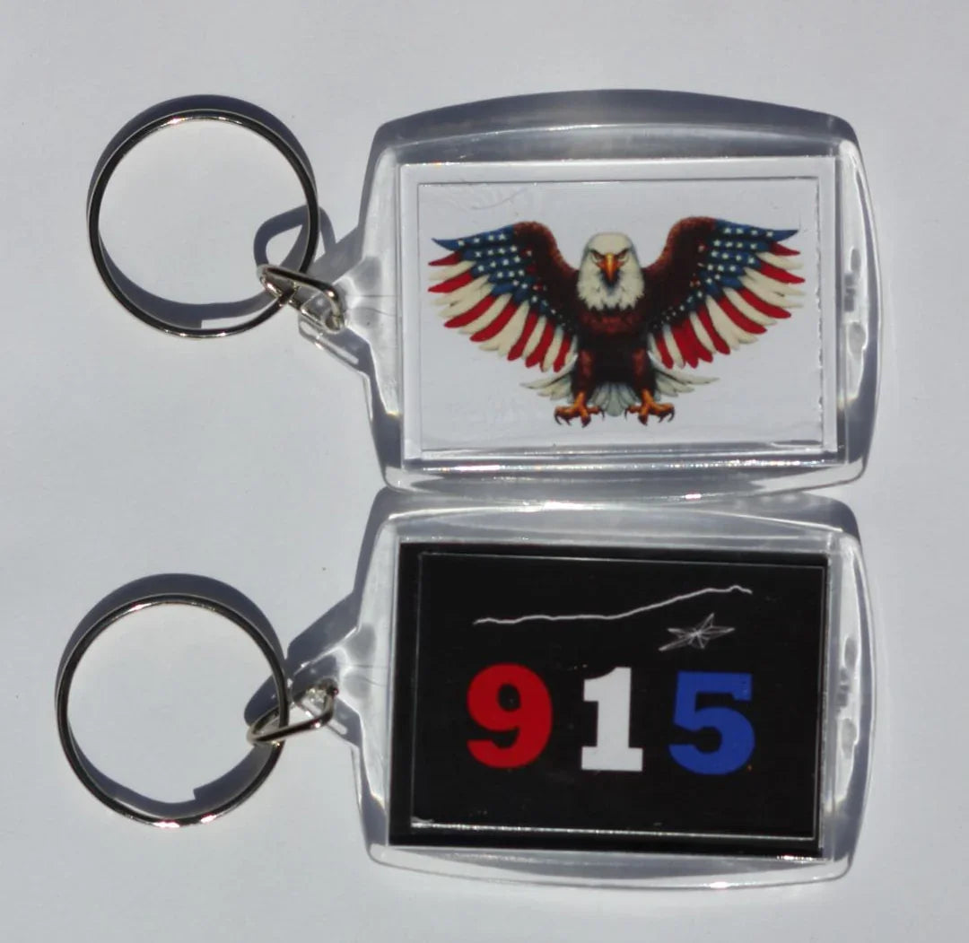 915 American Eagle Acrylic Photo Key Chain – Double-Sided (2 1/8" x 1 1/2") - Ysleta Mission Gift Shop