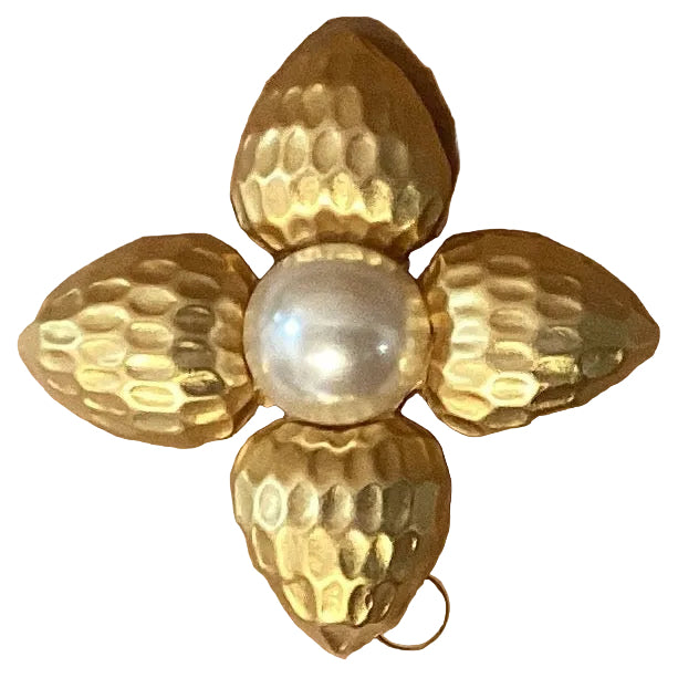 Gold pearl four-point Catholic brooch with intricate design, Christian jewelry piece from Ysleta Mission Gift Shop.