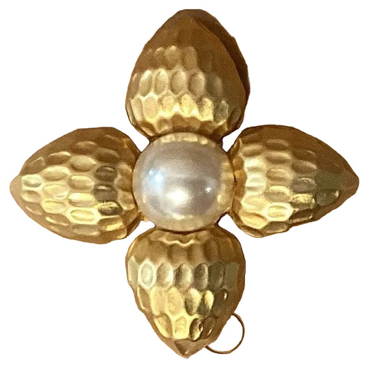 Gold pearl four-point Catholic brooch with intricate design, Christian jewelry piece from Ysleta Mission Gift Shop.