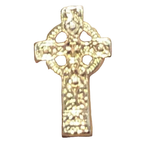 Goldtone Celtic Cross brooch, 0.75 inches, featuring intricate design, crafted by Ysleta Mission Gift Shop.